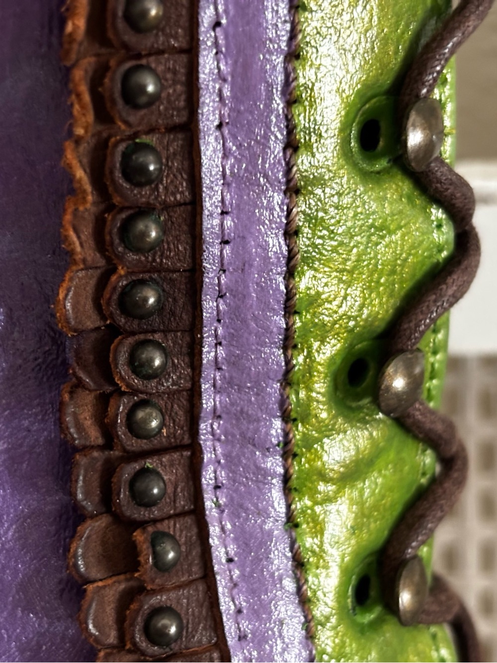 Custom FRYE Purple, Green & Brown Lace-Up Fringe Leather Boots - Picture 6 of 13